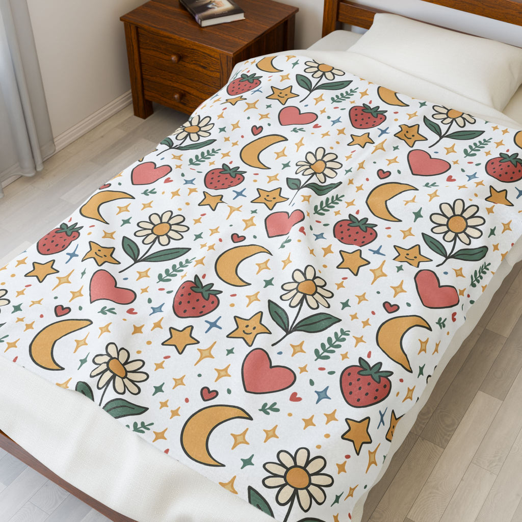 Plush Blanket- Cute Strawberries/ Flowers Throw